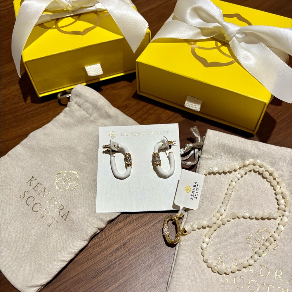 Kendra Scott “Emery” White and Gold Beaded Necklace + Earrings